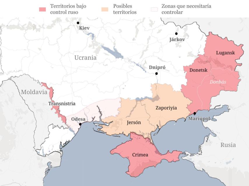 Mapa con el territorio ucraniano que podría acabar ocupado por Rusia.
