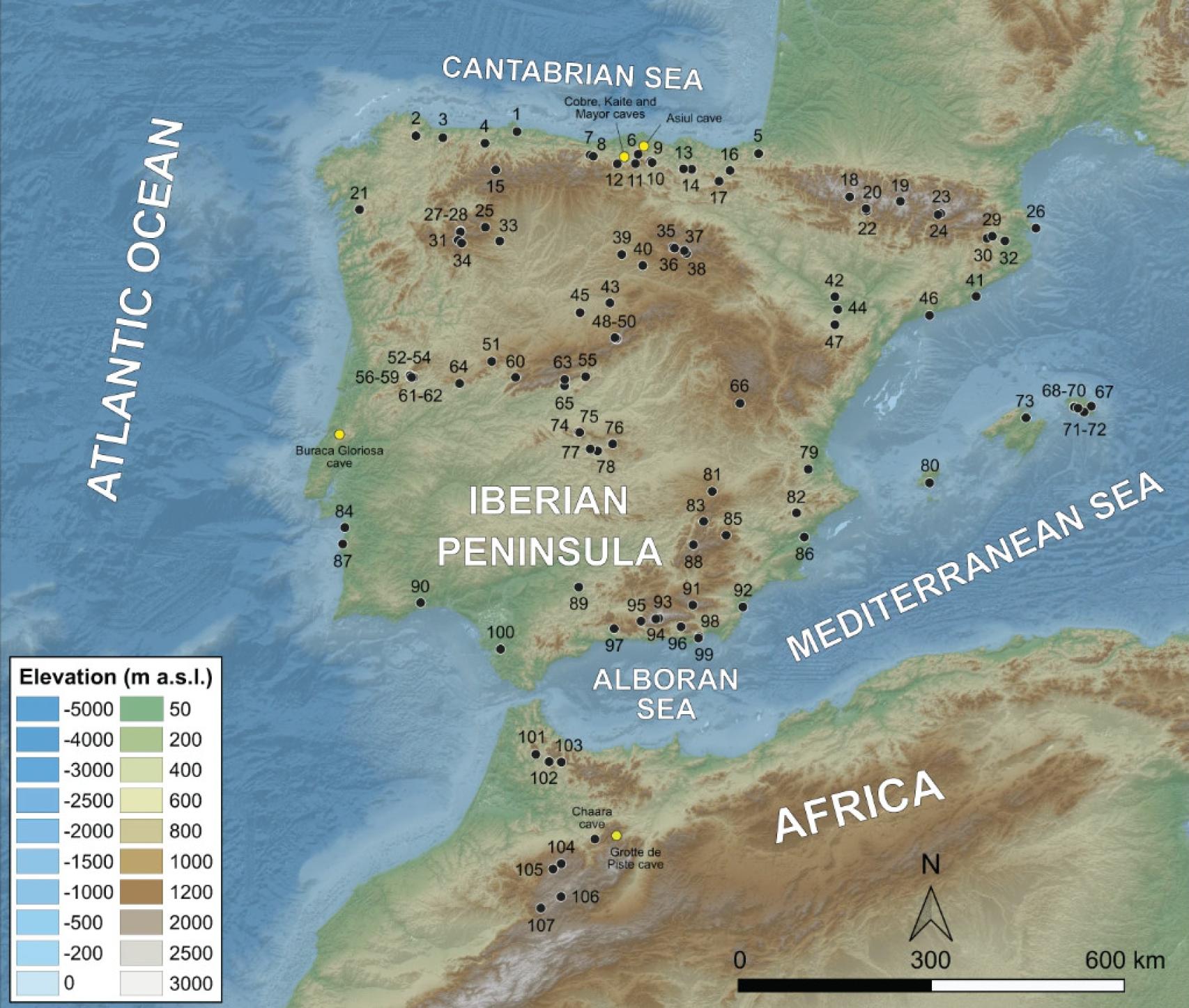 Mapa con la ubicación de los 107 registros de polen analizados en el estudio.