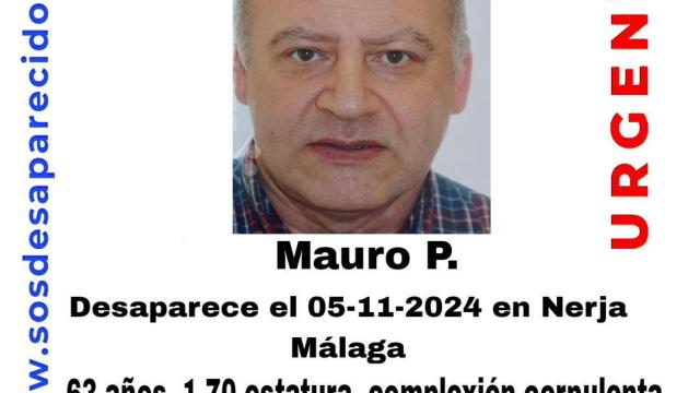 Alerta por desaparición en Nerja (Málaga): buscan a Mauro, un hombre de 63 años.
