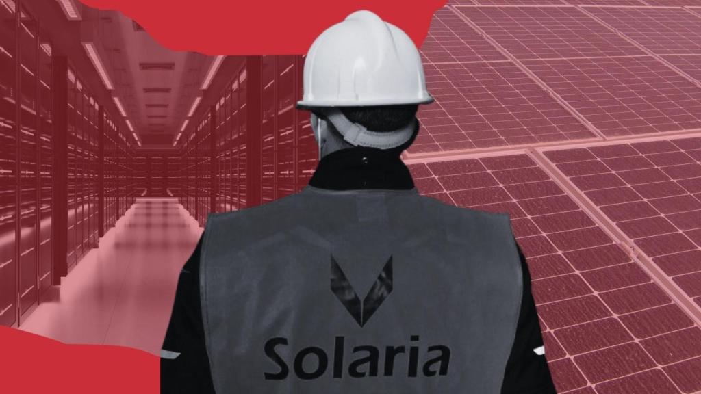Montaje de un operador de Solaria con un centro de datos y una fotovoltaica de fondo.