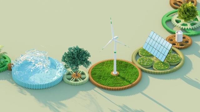 Ilustración con diferentes tipos de energía renovable.