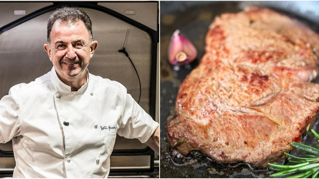 El chef Martín Berasategui junto a un filete de carne jugosa y dorada.