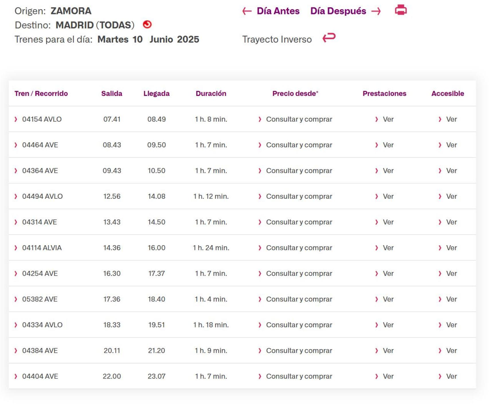Nuevos horarios de Zamora-Madrid