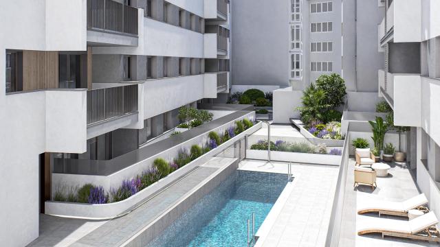 Imagen de recreación de cómo será la zona de la piscina del edificio.